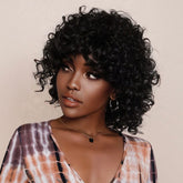 12 Inch Short Black Afro Kinky Curly Bob Wig with Bangs